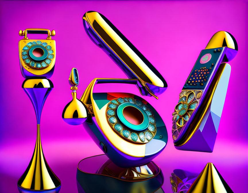 Colorful Retro-Futuristic Telephones on Purple Background