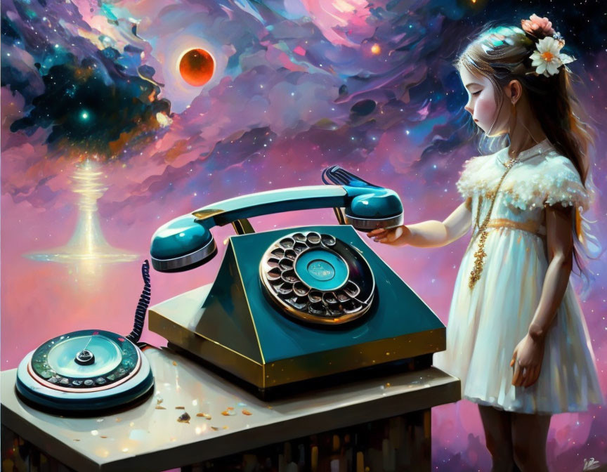 Girl in white dress with flowers, vintage phone, starry sky, celestial bodies, floating chess piece