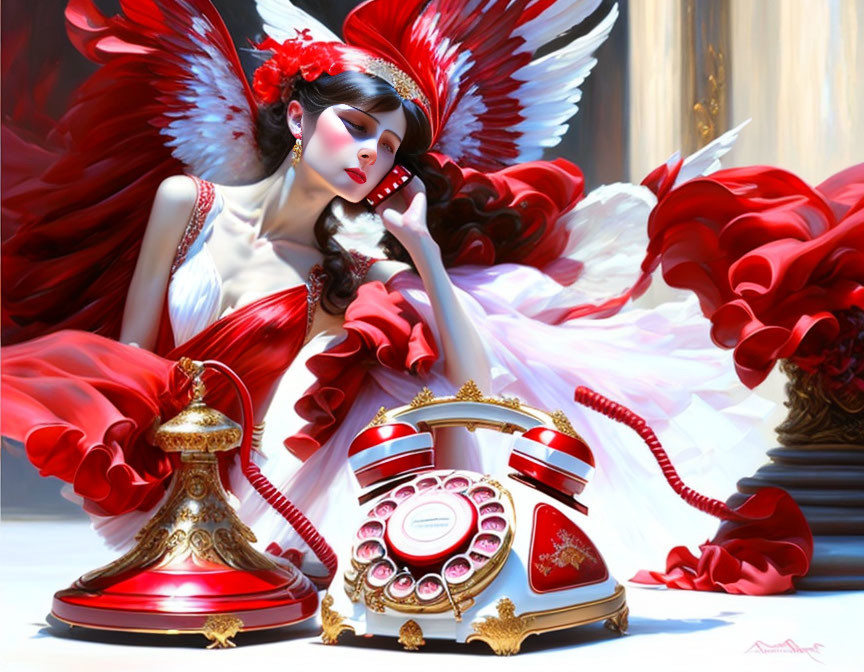 Woman with red and white feathered wings next to antique telephone in white dress and red headpiece.