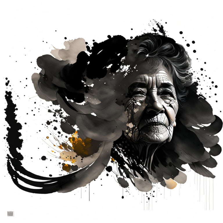 Monochrome portrait of elderly woman with black and gold ink splatters