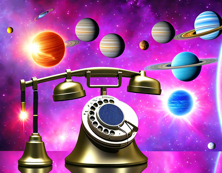 Rotary Phone Floating with Planets on Cosmic Background