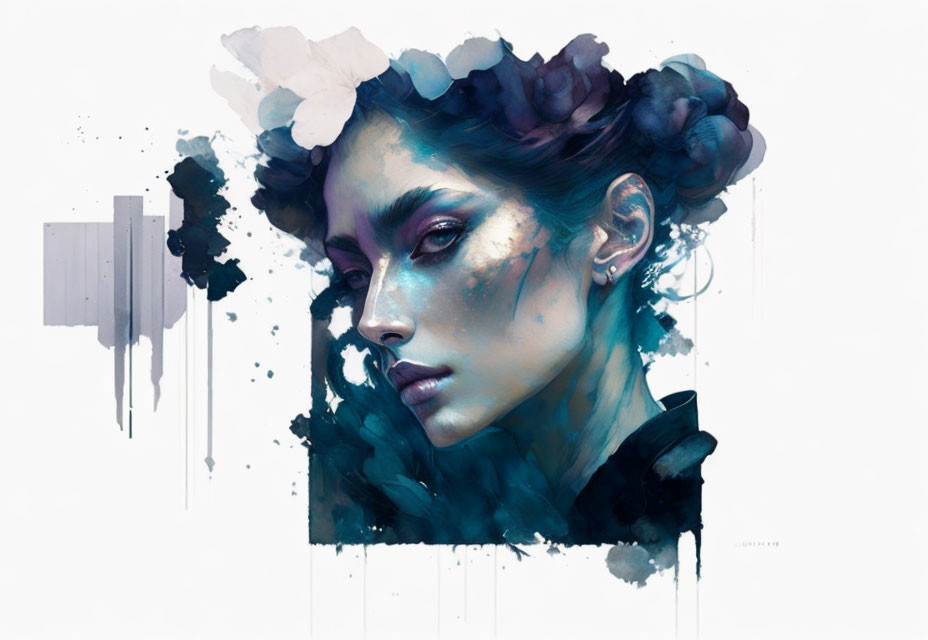 Abstract portrait of a woman with blue and purple hues and floral elements.