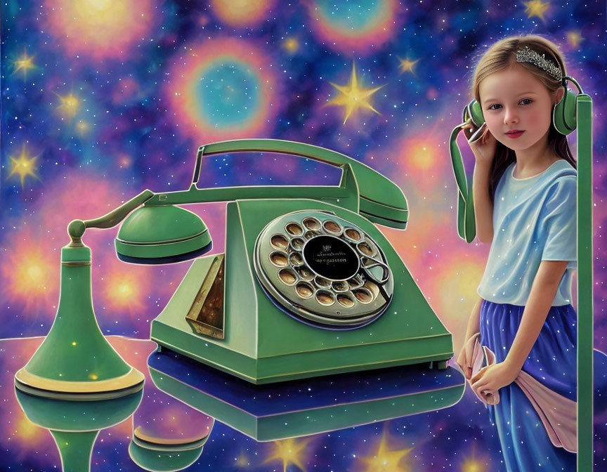 Young girl with vintage green telephone receiver in cosmic star background