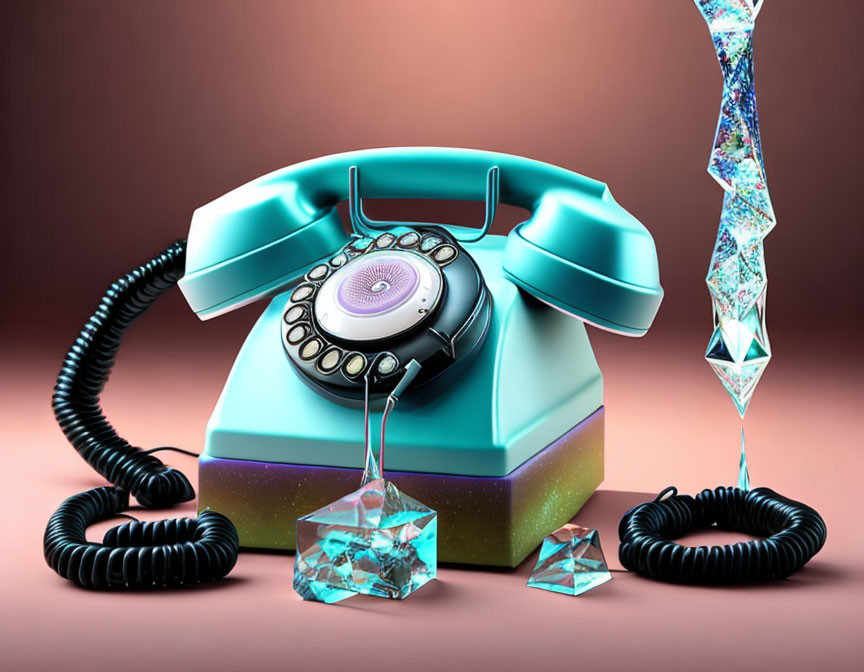 Vintage turquoise telephone with cord and crystalline shapes on pink background