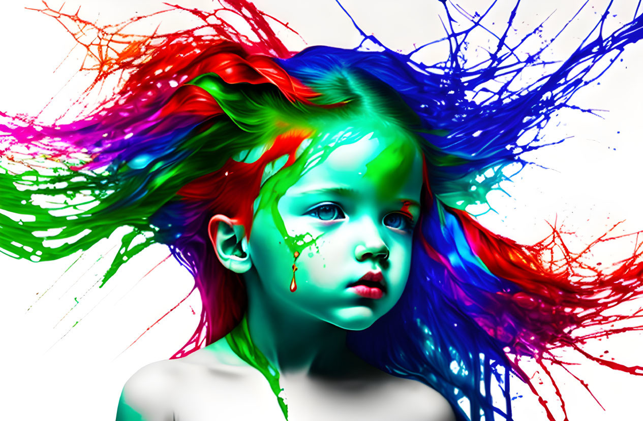 Vibrant multicolored paint splashes adorn young girl on white background