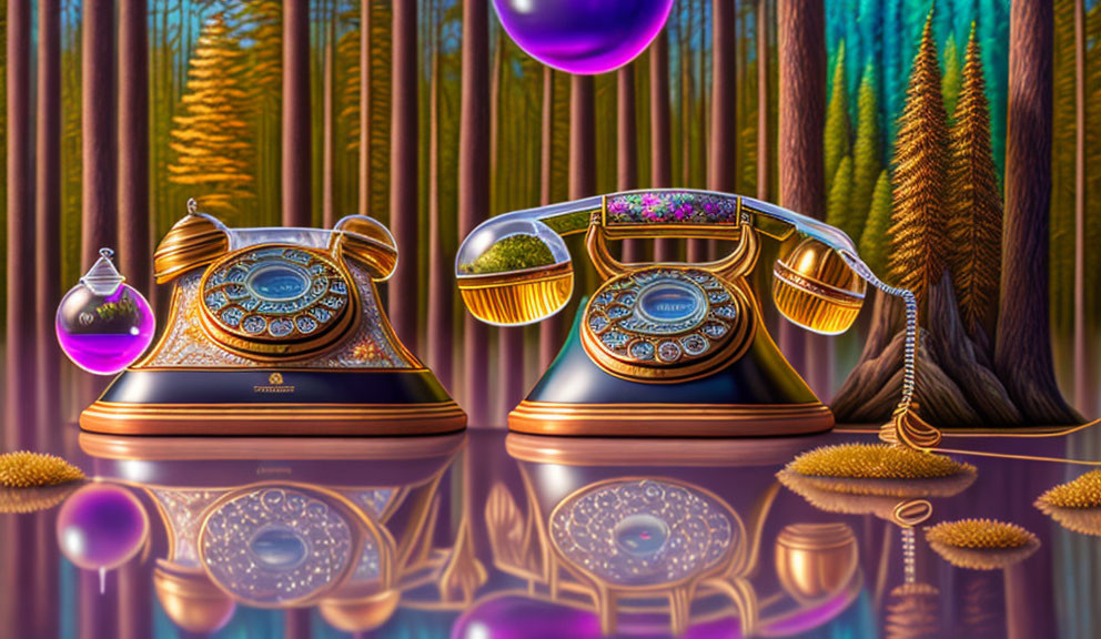 Ornate Vintage-Style Telephones in Whimsical Forest