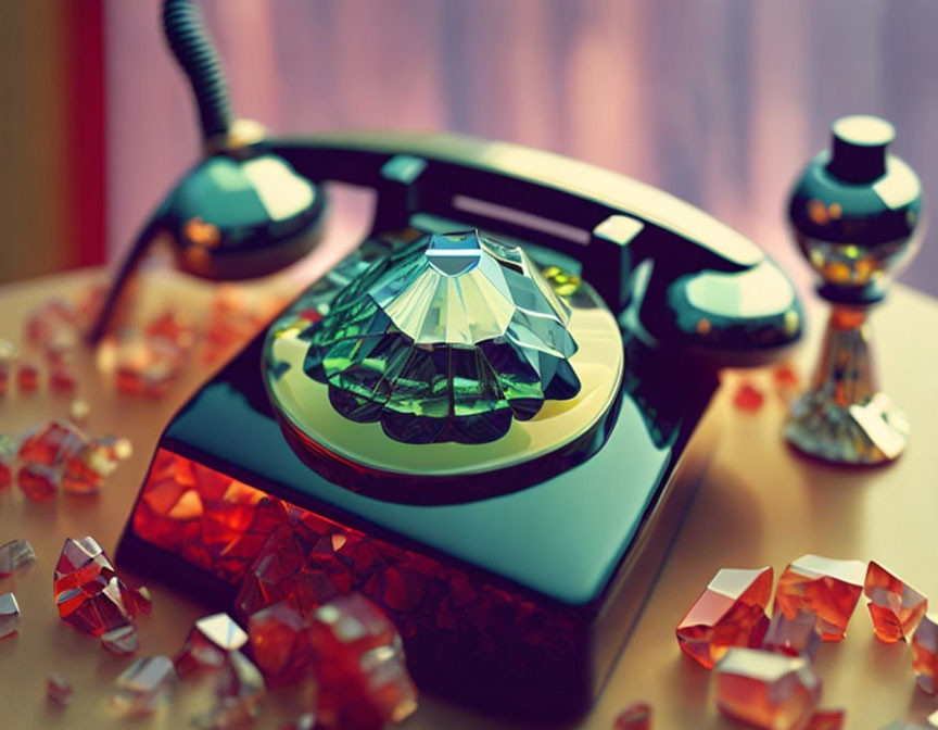 Vintage Telephone with Diamond-Shaped Receiver and Crystal Gems on Wooden Surface