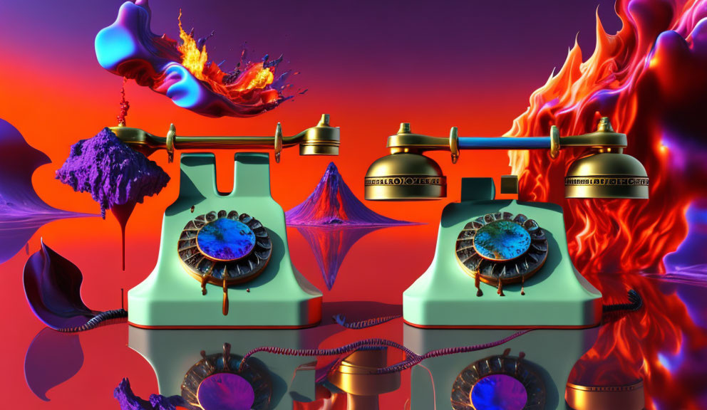 Vintage telephones on reflective surface with vibrant flames and melting objects