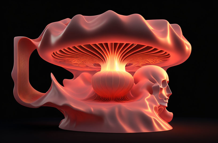 Glowing orange skull with mushroom cloud formations on dark background