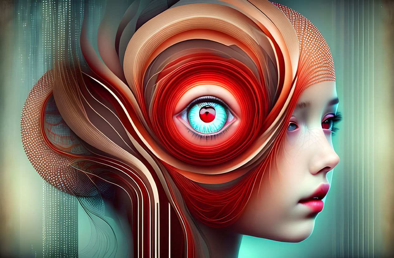 Colorful digital art: girl with oversized eye, flowing hair, red tones, futuristic theme.