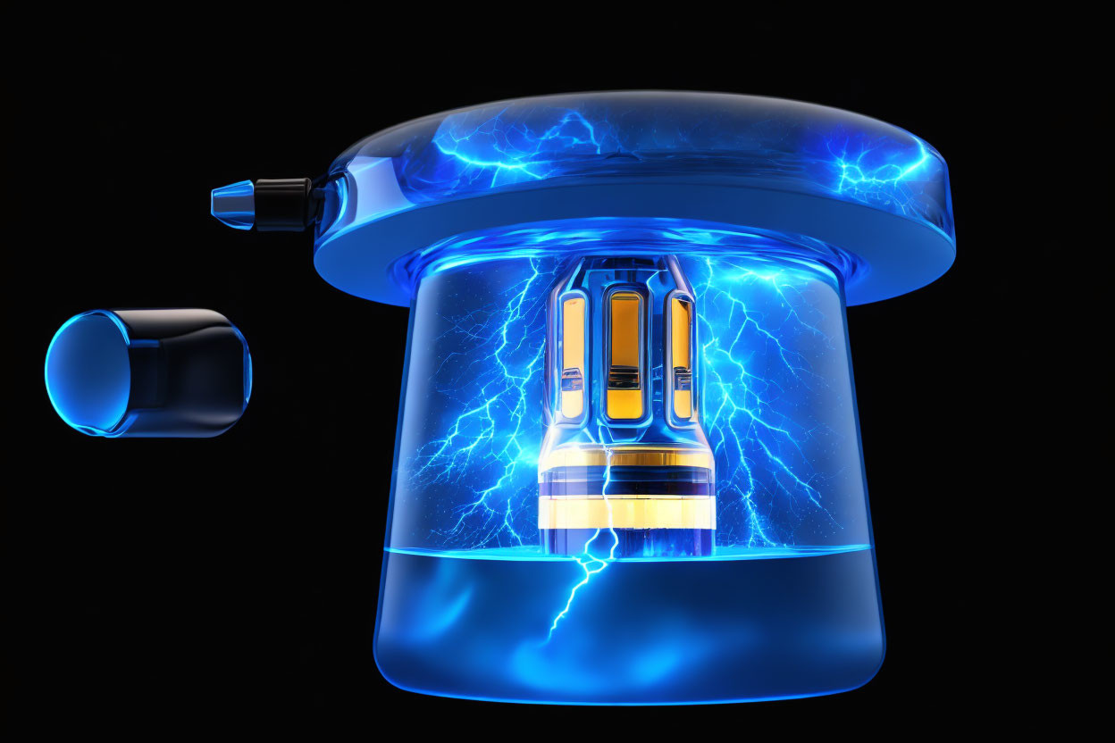 Blue energy reactor with lightning bolts in cylindrical chamber