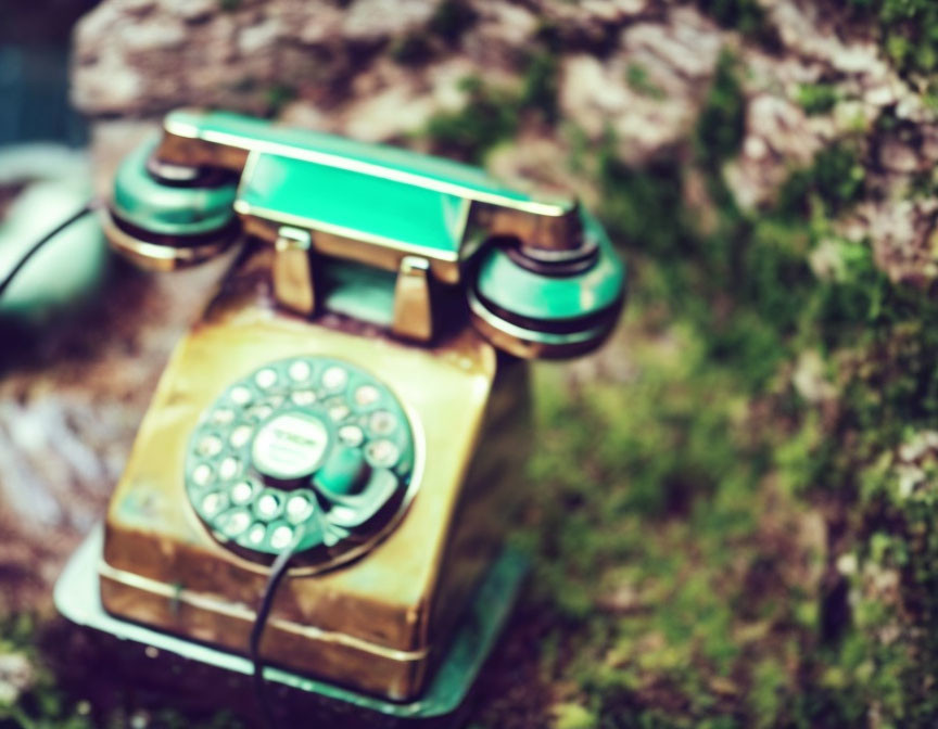 Vintage Blurred Photo of Green and Cream Rotary Dial Telephone