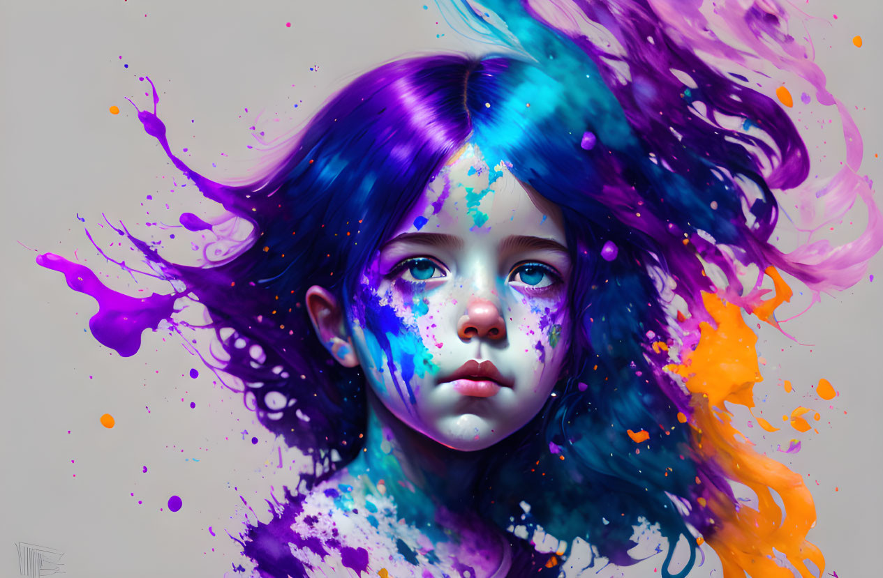 Vibrant digital artwork: young girl with blue eyes and colorful hair