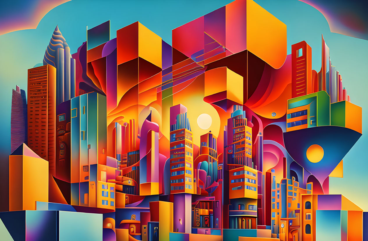 Colorful Abstract Urban Landscape with Geometric Shapes and Multiple Suns