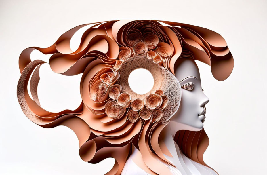 Detailed Woman's Profile Illustration with Ornate Abstract Hair