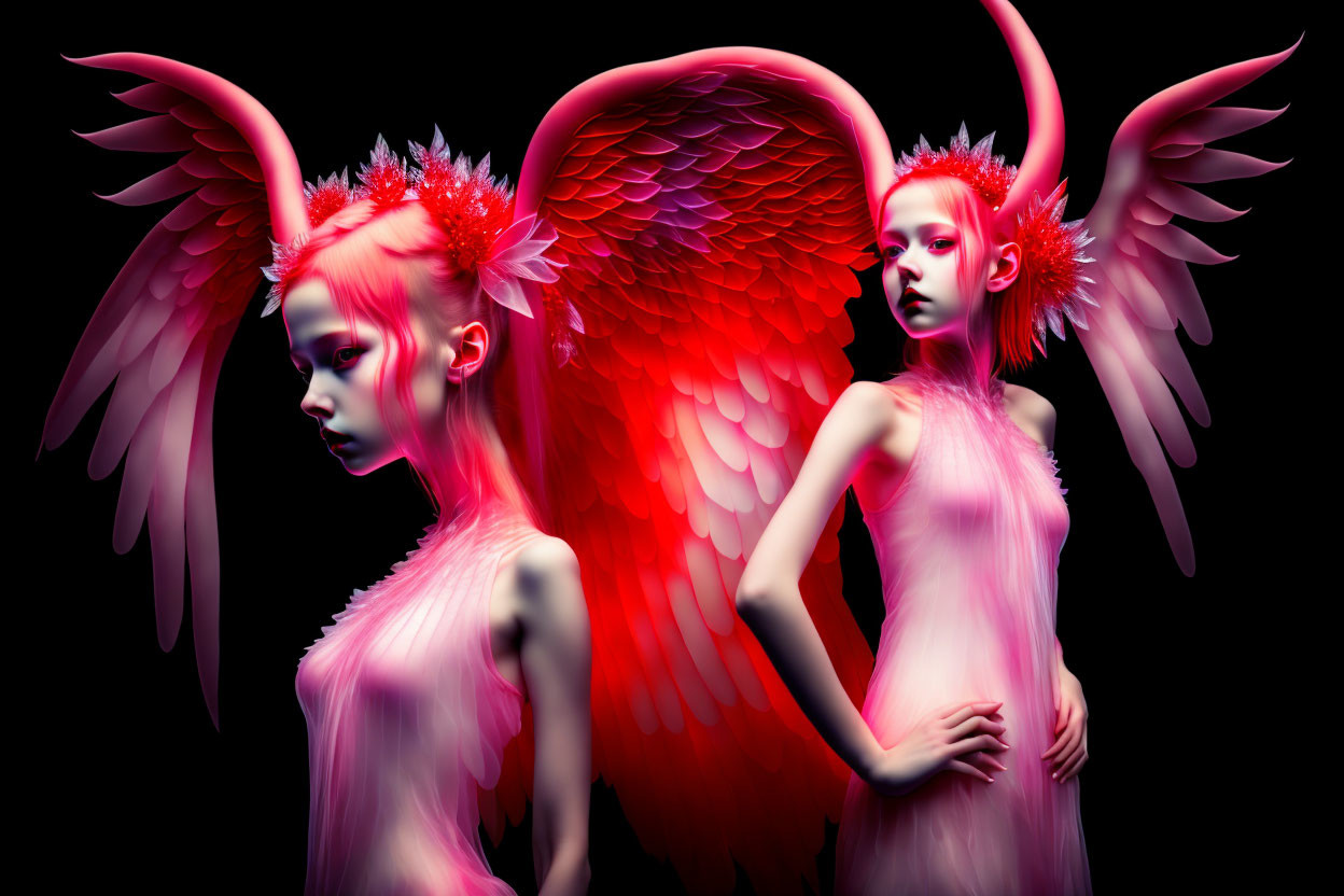 Stylized figures with red wings and hair against dark background