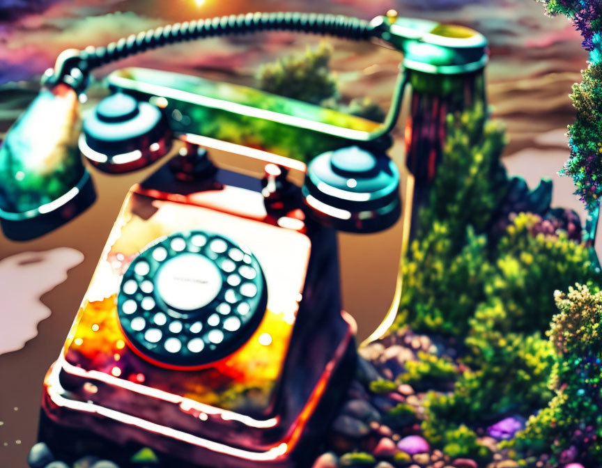 Colorful surreal rotary telephone on vibrant plant backdrop