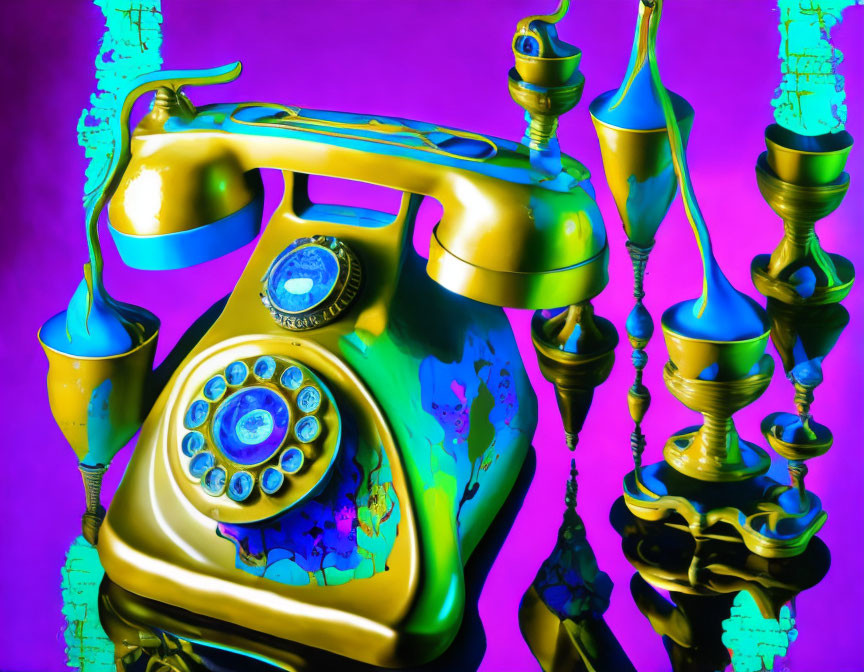 Surreal vintage telephone with melting details on purple background