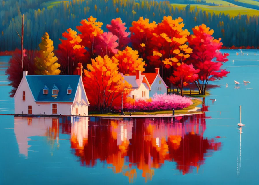 Colorful Autumn Landscape with White Houses, Ducks, and Sailboat Reflections