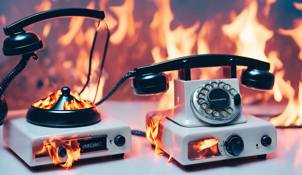 Vintage rotary phones with fiery background: surreal communication imagery