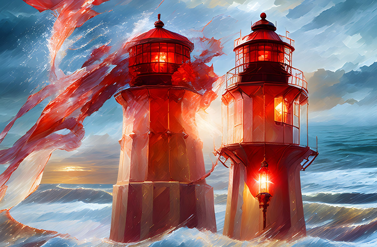 Red lighthouses in stormy seas with crashing waves and dynamic sky.