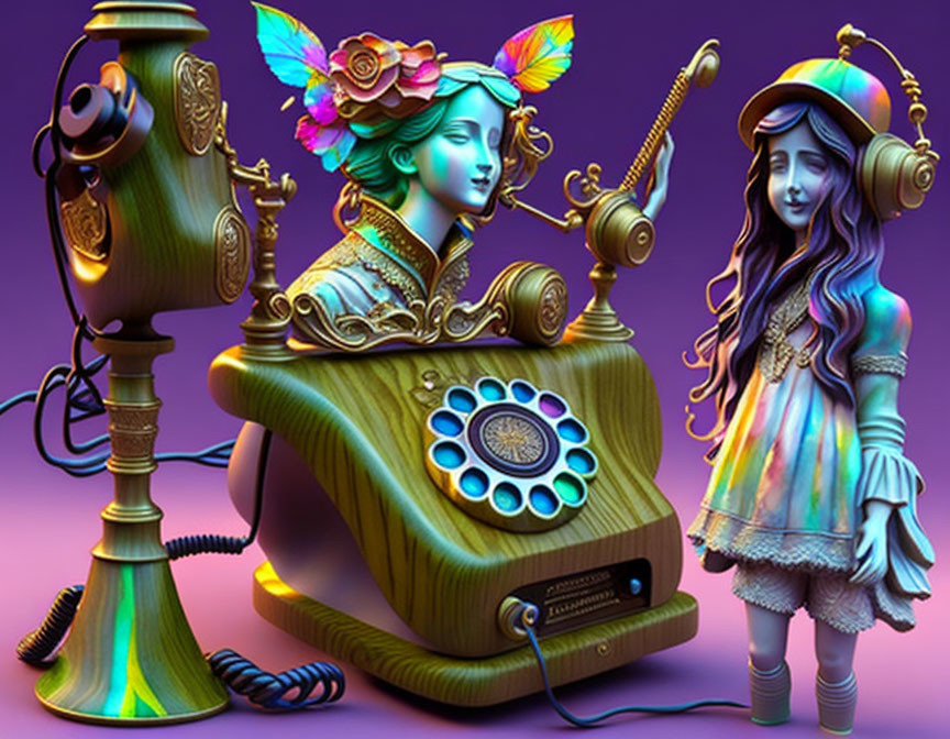 Colorful digital artwork: vintage telephone with female figure and whimsical character