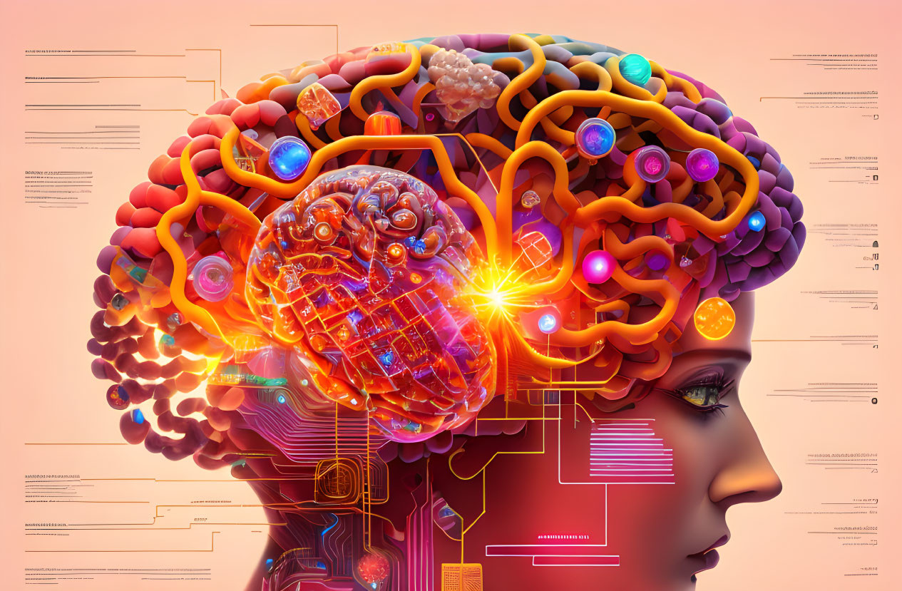 Colorful Brain Circuitry Illustration with Human Head Cross-Section