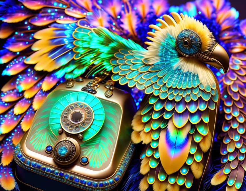 Colorful Mechanical Bird Artwork on Intricate Box Background