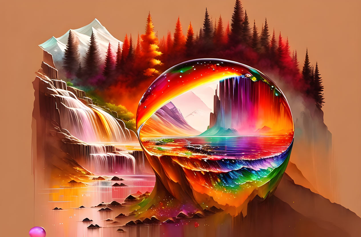 Digital artwork: Spherical portal reveals cosmic landscape with waterfalls and mountains, set against autumnal forest