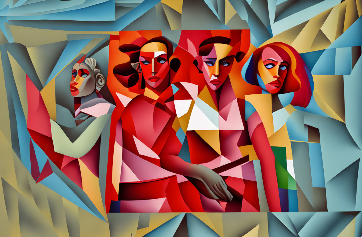 Vibrant abstract cubist painting with angular figures and human-like faces