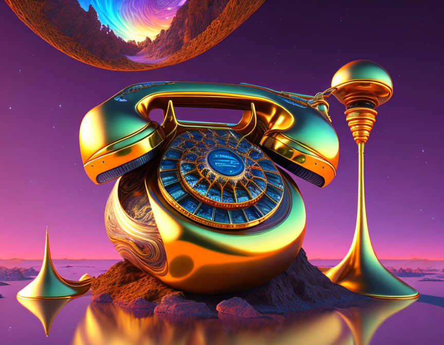 Surreal golden rotary telephone in fantastical purple sky