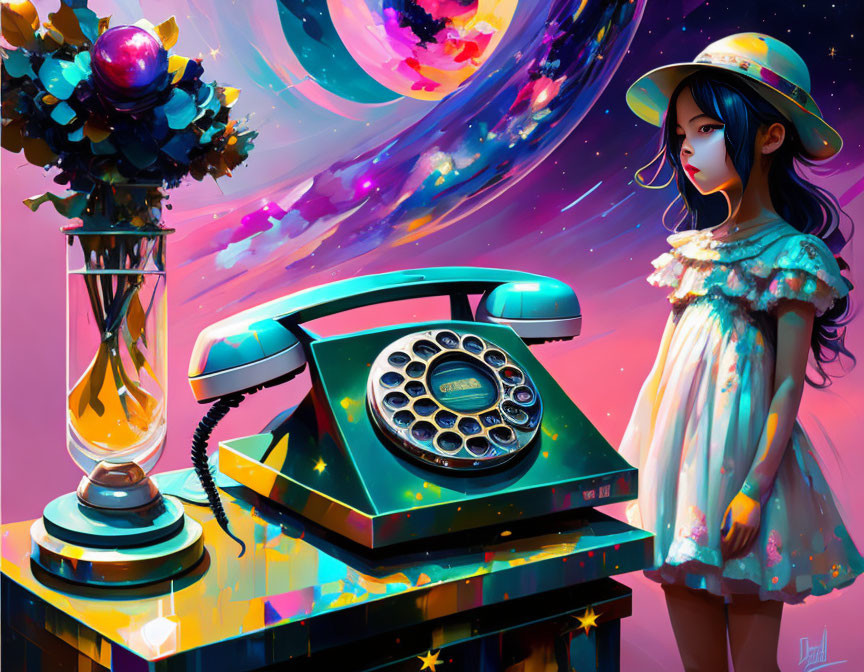 Colorful Artwork: Girl in Straw Hat with Retro Rotary Phone