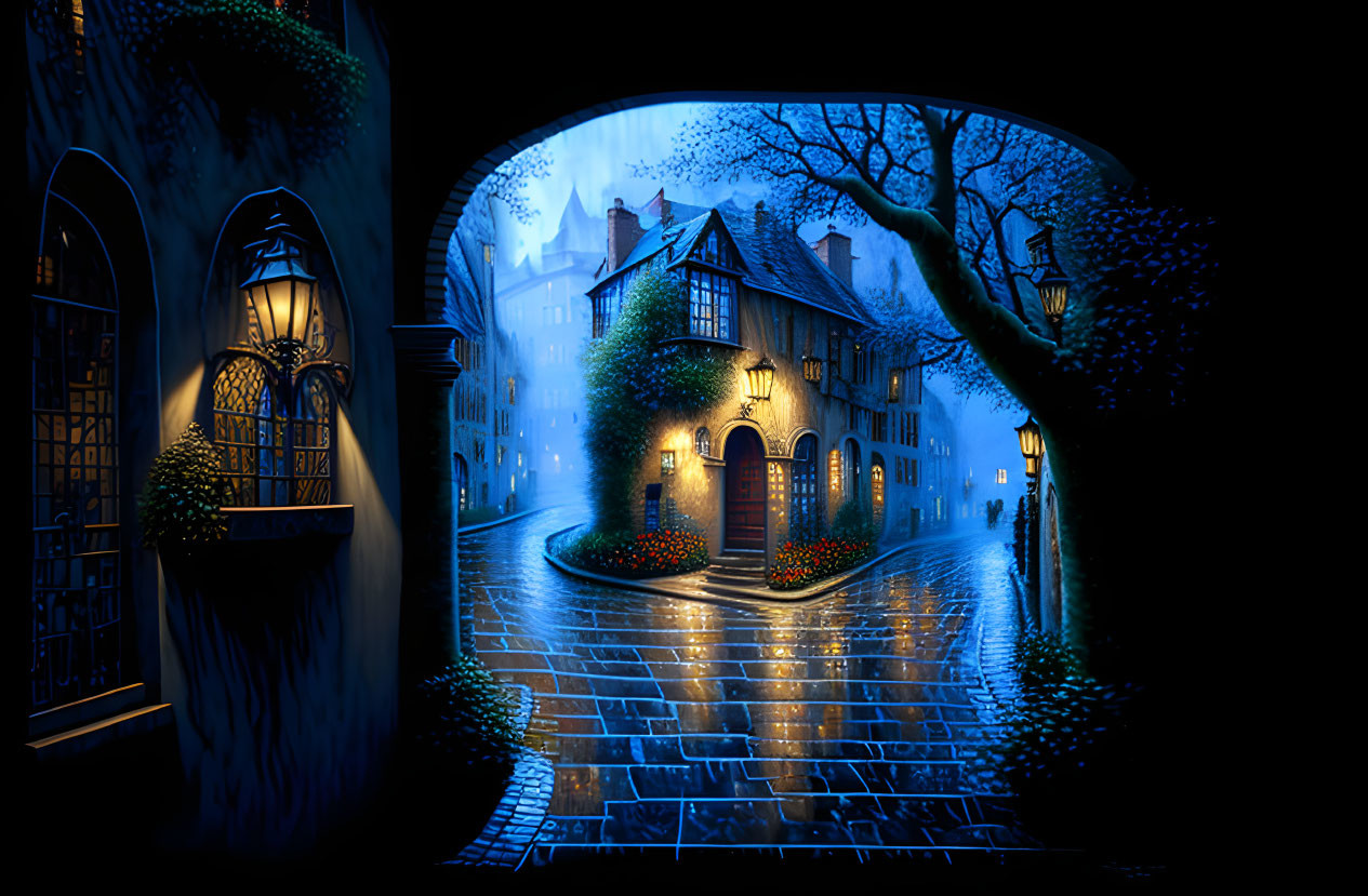 Illuminated Cobblestone Street at Night with Warm Glowing Lights