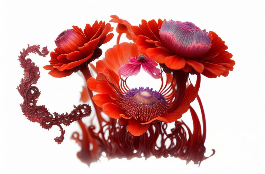 Vibrant red-orange gerbera flowers with intricate purple centers and detailed red coral-like structures.