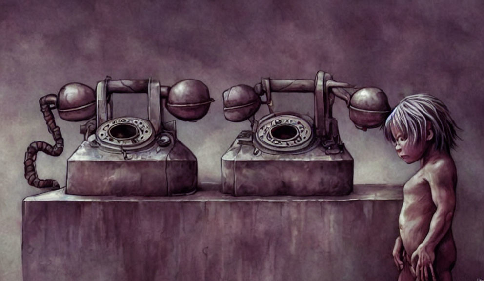 Illustration of two old rotary phones and a sad child.