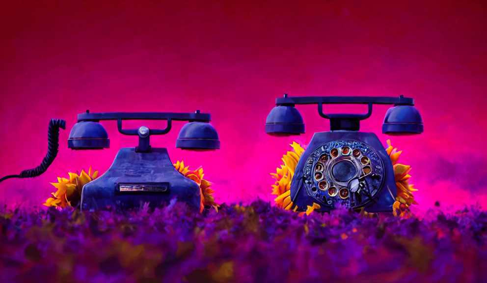 Vintage rotary telephones on bed of leaves with sunflowers under purple and pink lighting