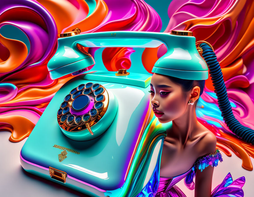 Colorful Abstract Background with Woman and Rotary Phone