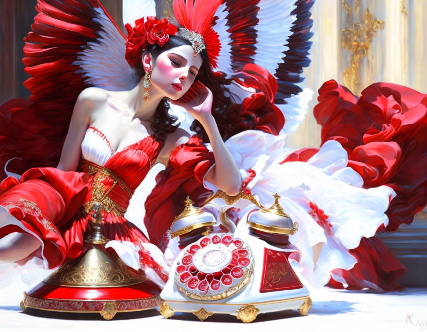 Digital artwork: Woman in red & white dress with feathery wings next to antique telephone