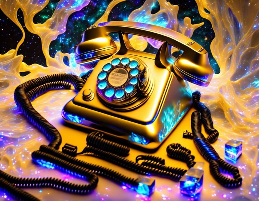 Vintage golden telephone with glowing blue buttons on neon abstract background