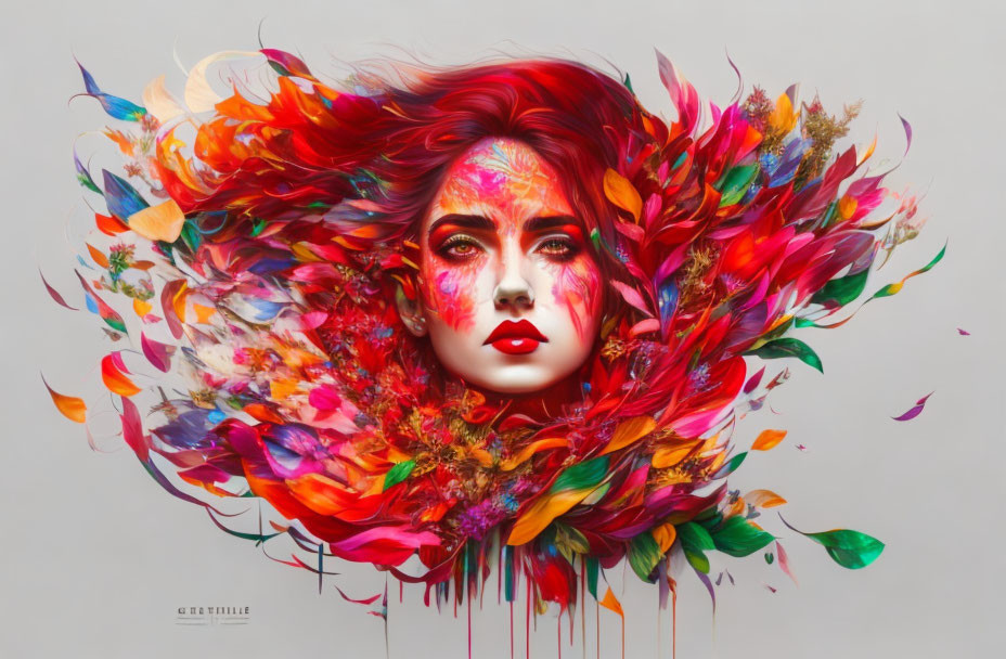 Colorful artistic representation of a woman with flowing hair and feathers merging into vibrant floral explosion.