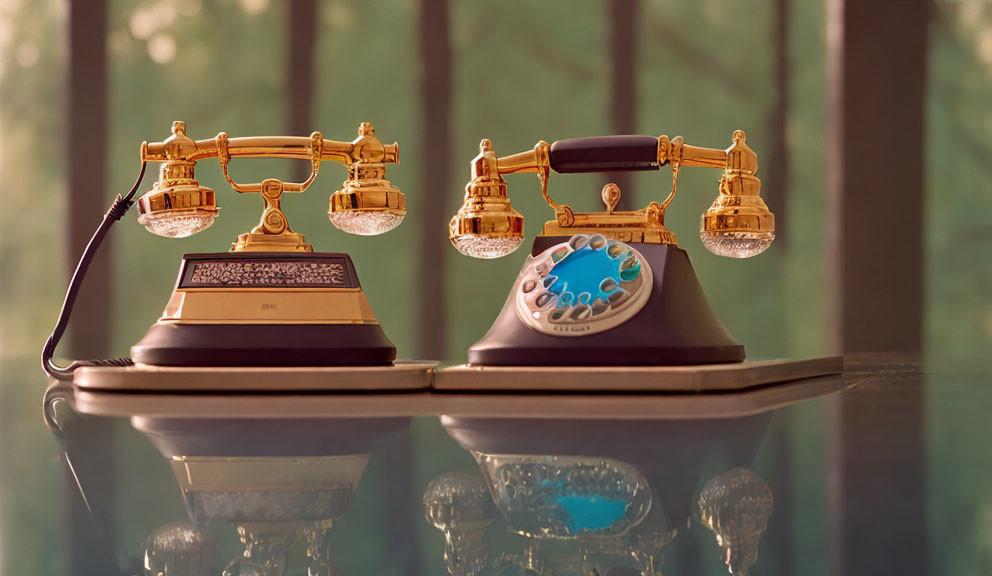 Vintage Rotary Telephone with Ornate Gold Accents on Reflective Surface