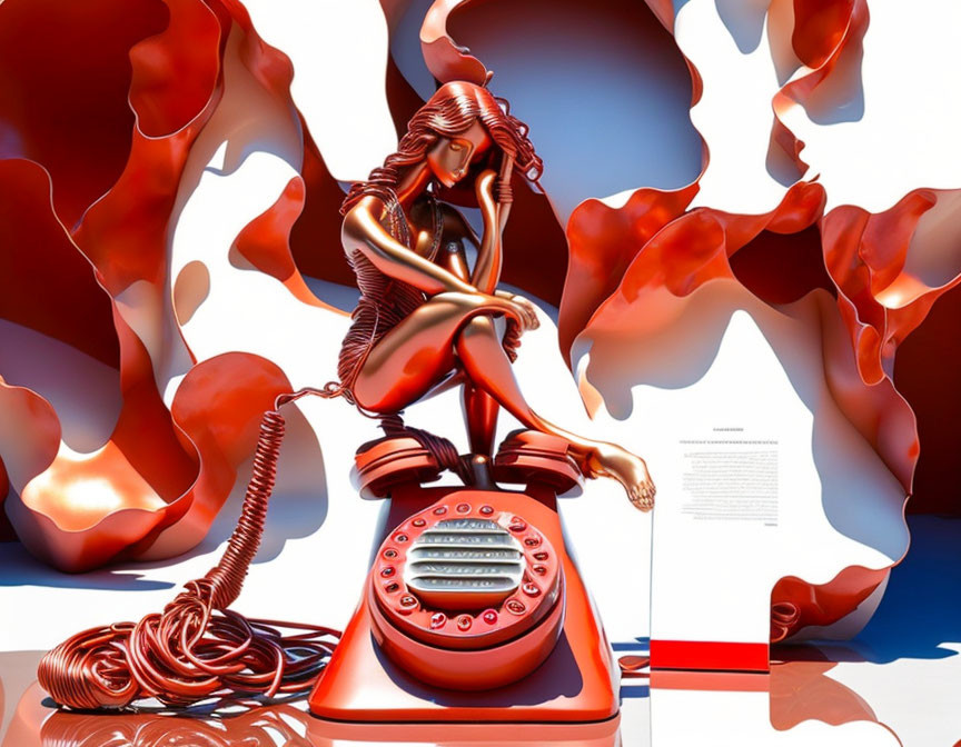 Red contemplative woman sculpture on classic telephone with abstract shapes in white and red color scheme