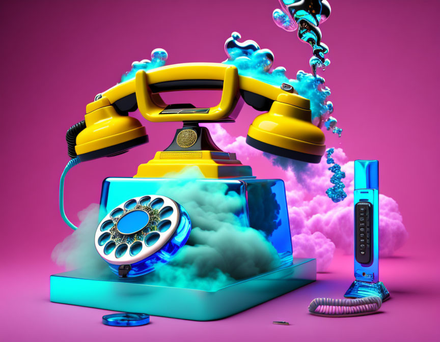 Surreal yellow rotary phone with blue liquid and clouds on pink background