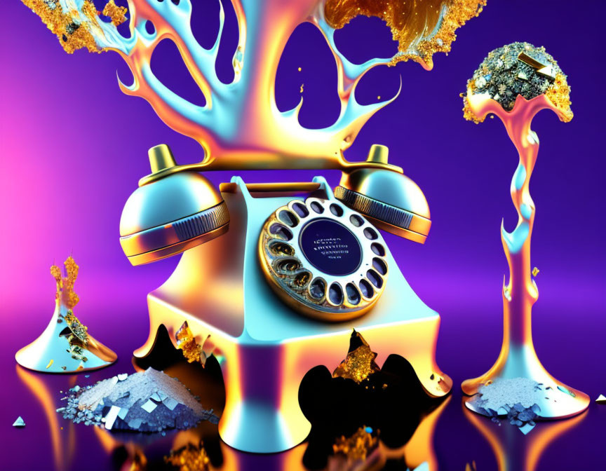 Surreal rotary phone art with gold and blue liquid on purple background