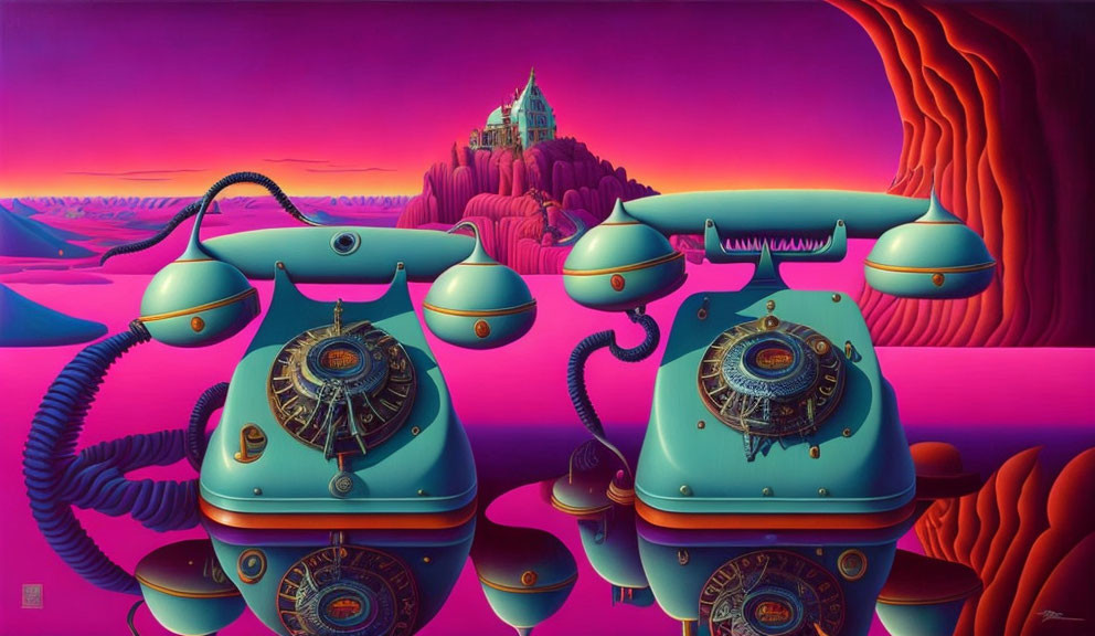 Vintage turquoise telephones in surreal pink and purple landscape with distant castle