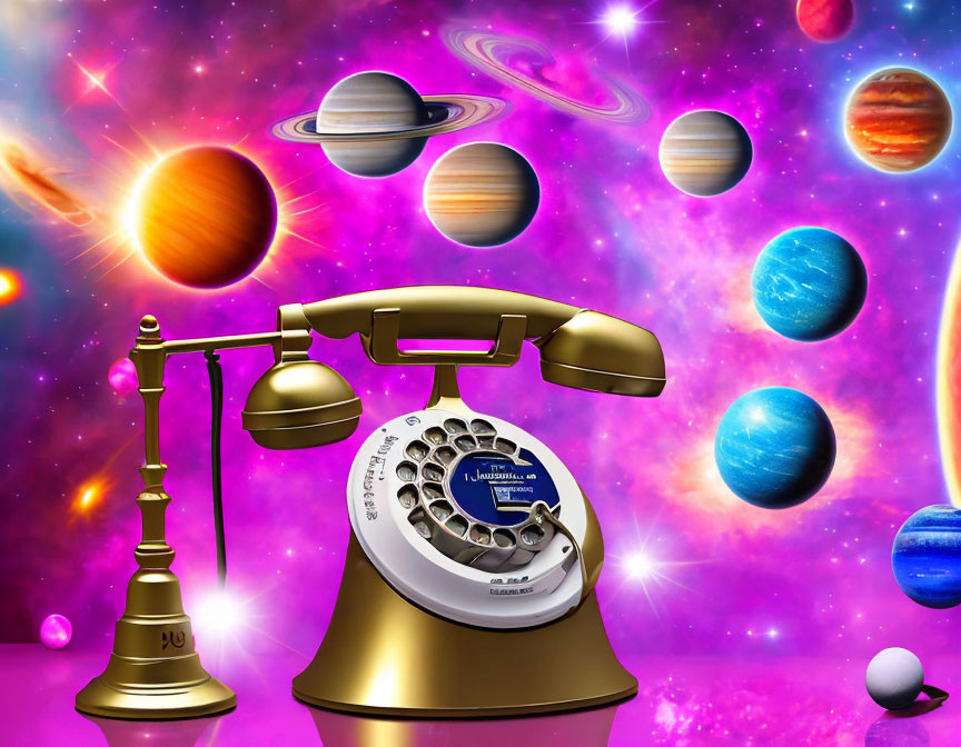 Golden vintage telephone in cosmic galaxy with planets and stars