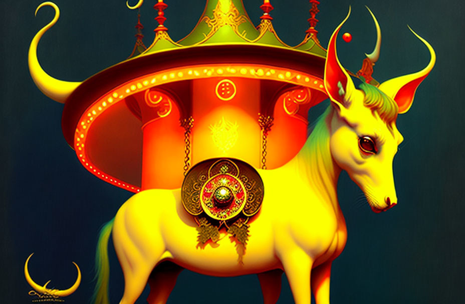 Stylized yellow goat with red and gold ornaments under ornate umbrella structure