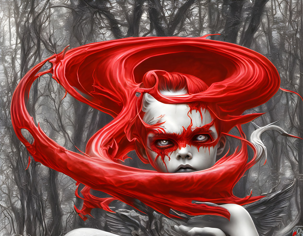 Fantastical figure with red and white face paint in monochromatic forest