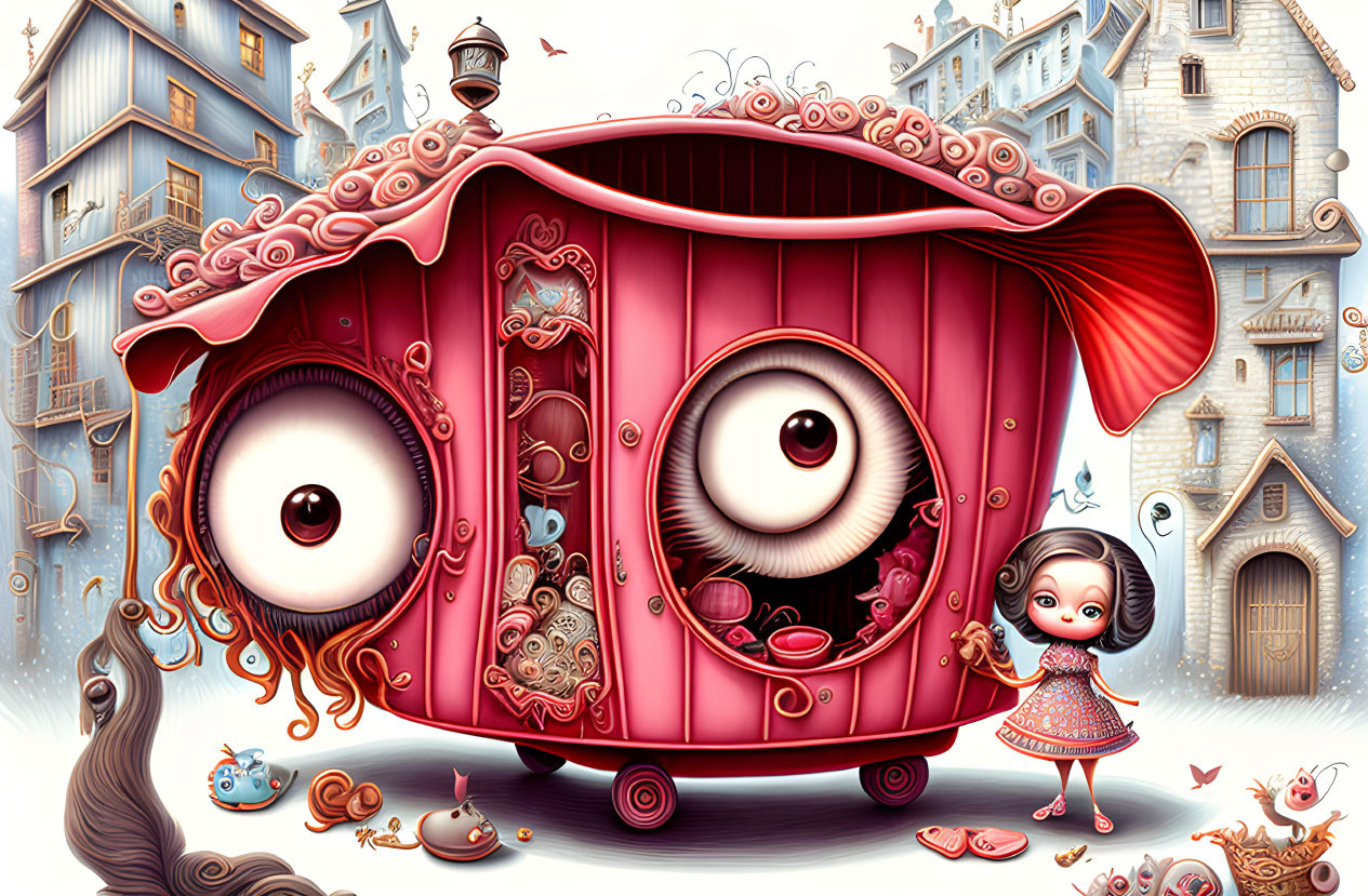 Whimsical surreal artwork featuring girl, doll, and anthropomorphic town elements