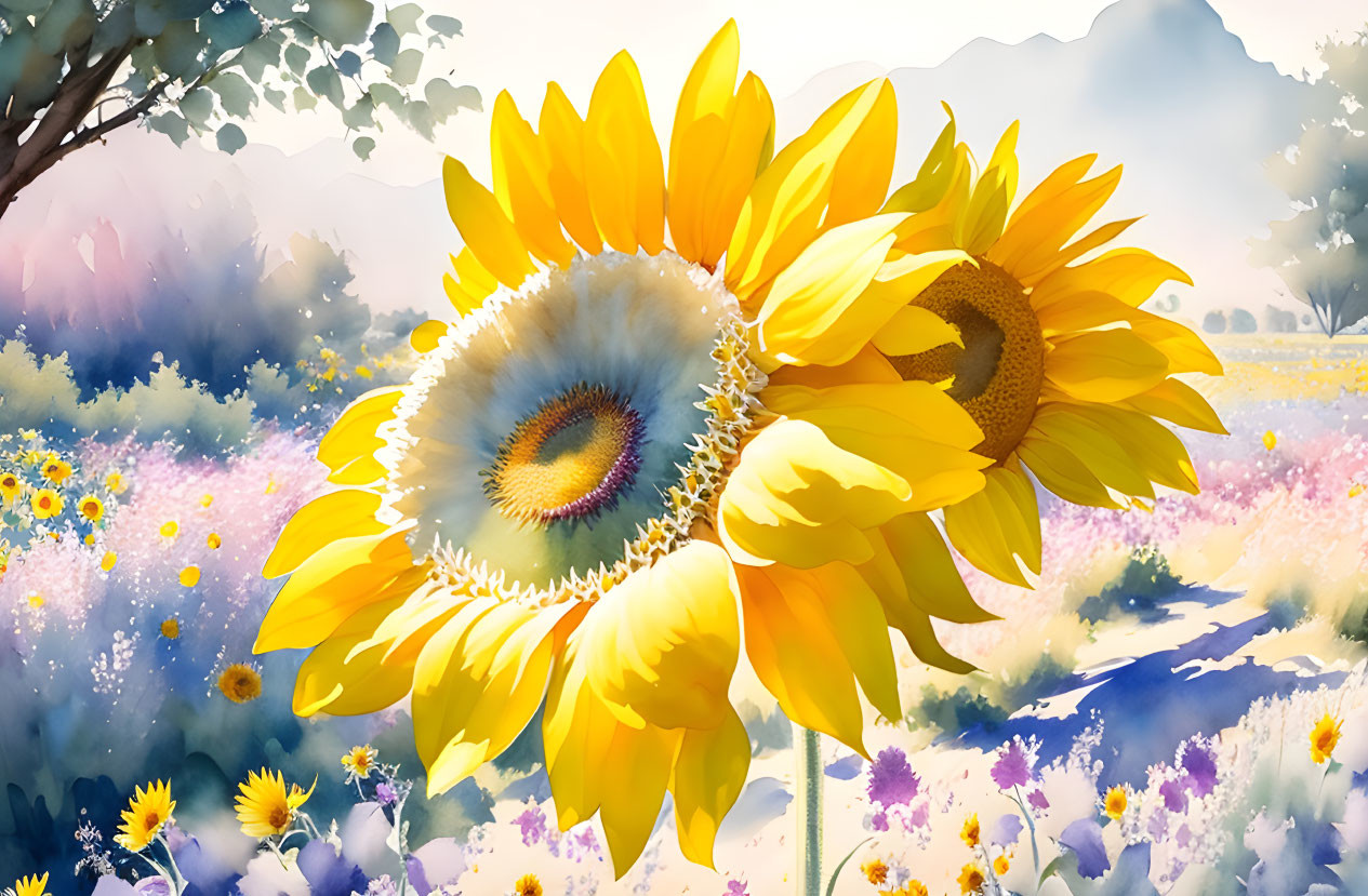 Vibrant sunflowers in colorful meadow landscape